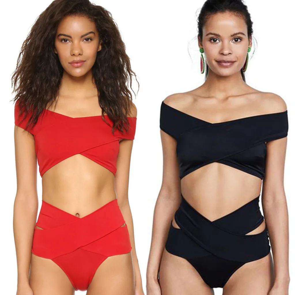 

Swimwear Women Ladies Sexy Summer Word Shoulder Solid Off Shoulde Brace Briefs Bikini High Waist Beachwear Split Swimsuit badpak