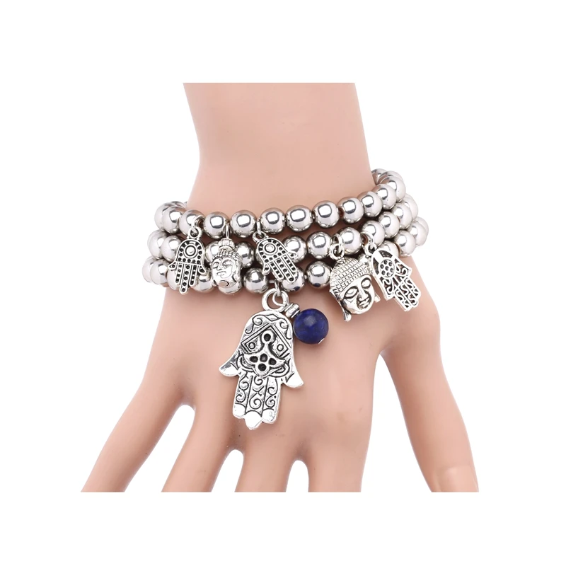

3pcs Jewelry Trio Of Buddha Heads And Hamsa Hands Charm Stretch Bracelet Bangle Boho 19cm Free Shipping