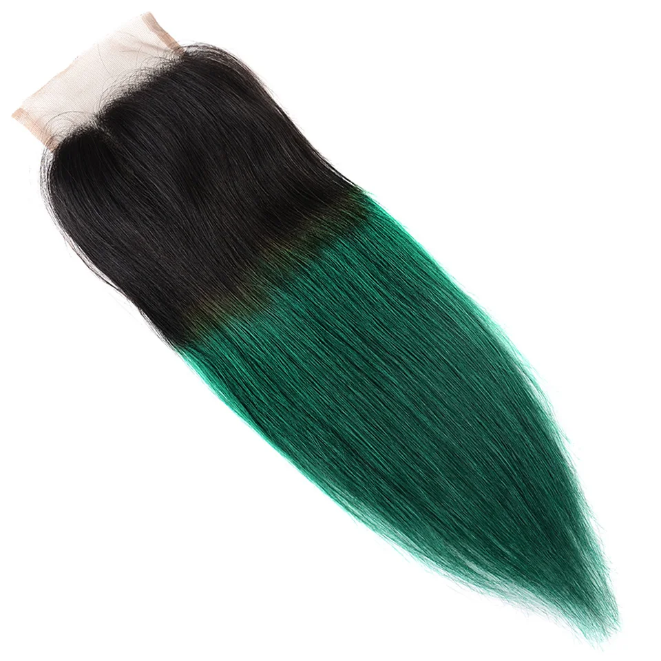 Sexay зеленый Ombre кружева закрытия человеческих волос 2 тон 1B/бирюзовый Ombre бразильский прямые волосы-Реми предварительно-Цветной закрытие 4x4