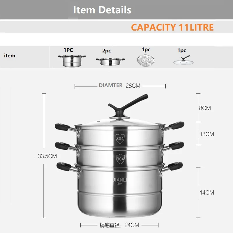 304# Нержавеющая сталь 3-х слойные Пароварка кастрюля утолщение сложных большой Еда отпаривания фондовых кастрюлю кастрюля для супа 28 см 11 л