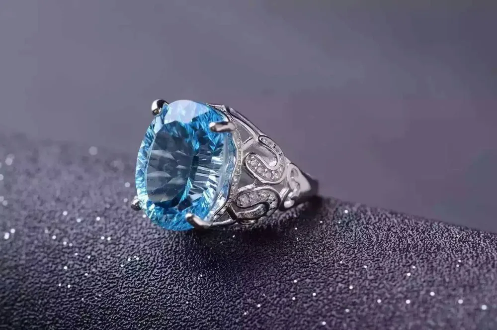 Женское кольцо из серебра 925 пробы с натуральным голубым топазом|gemstone jewelry|gemstone