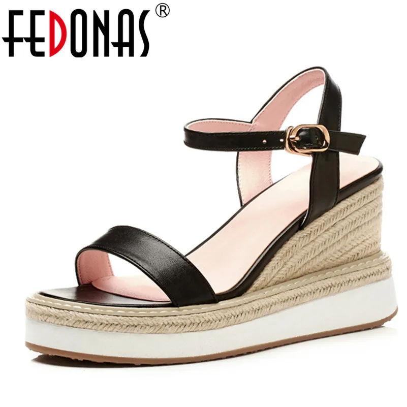 

FEDONAS Women Brand Elegant Genuine Leather Shoes Woman Wedges High Heeled Wedding Party Pumps Shoes Woman Platforms Sandals