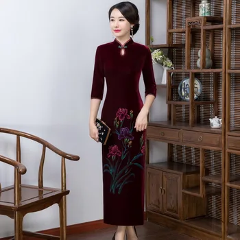 

Print Flower Elegant Chinese Dress Autumn Winter Ladies Velvet Long Cheongsam Traditional Handmade Button Qipao Big Size S-4XL