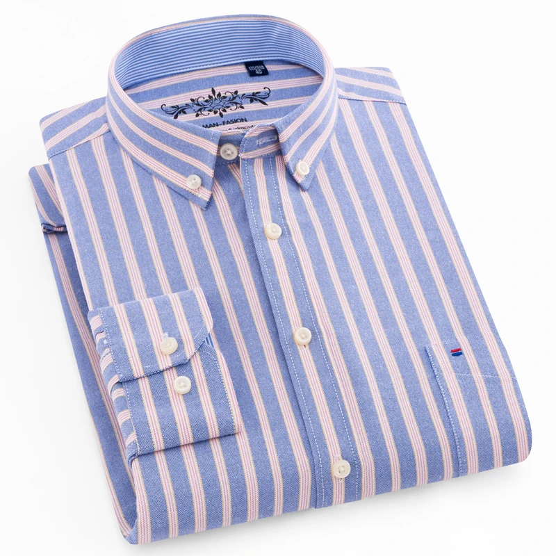 Lelaki Long Sleeve Plaid / Striped Oxford Dress Shirt Single Patch Pocket dengan Box-pleated Kembali Yoke Regular-fit Button Down Shirts
