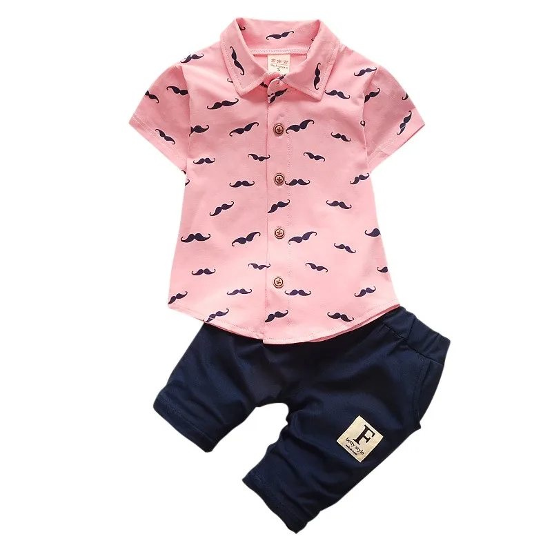 Новинка года; комплект летней детской одежды для маленьких мальчиков; футболка с короткими рукавами и принтом усов+ брюки Модная детская одежда - Цвет: Розовый