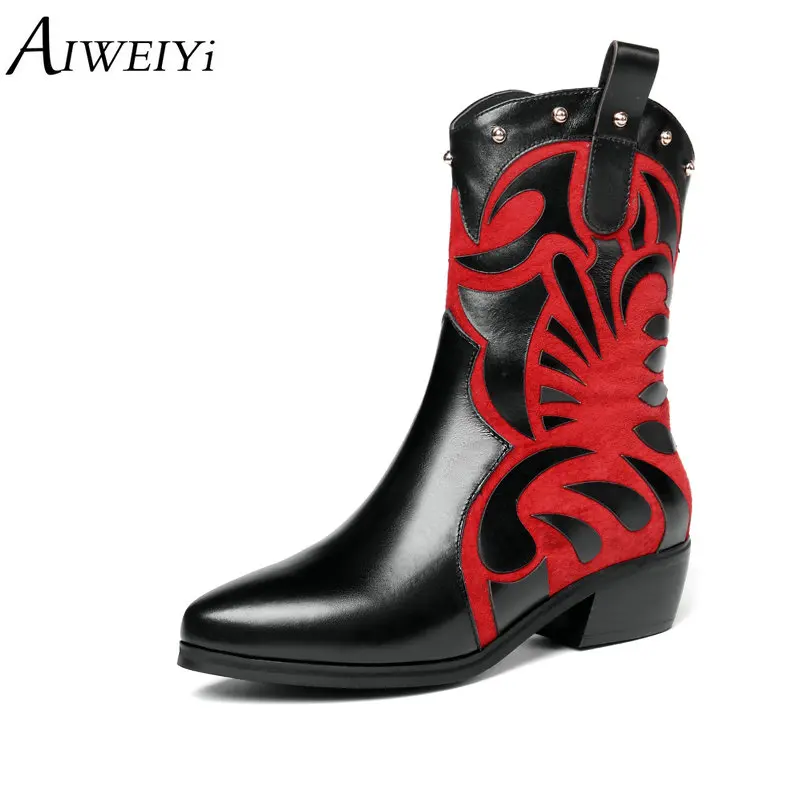 

AIWEIYi Martin Boots for Women Cow Leather Winter Boots Genuine Leather Short Plush Warm Winter Shoes Print Martin Boots