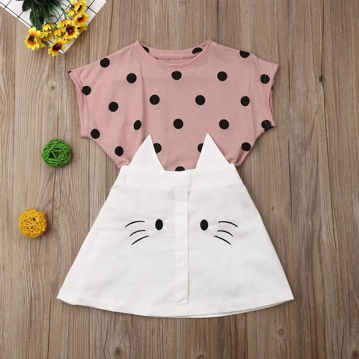 

Toddler Newborn Baby Girl Clothes Dot Short Sleeve Top Dress Cartoon Skirts Summer Outfits Children Set Clothes 2PCS