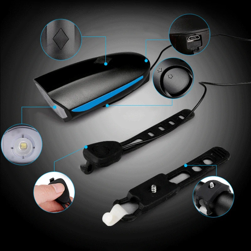 

New Bicycle Bell USB Charging Bike Horn Light Headlight Cycling 140 db Horn Bike Bell Multifunction Ultra Bright Electric