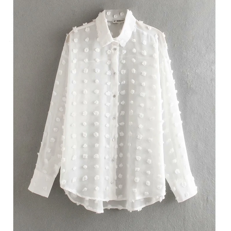 White Casual Chiffon Blouse Dot Stitching OG0711
