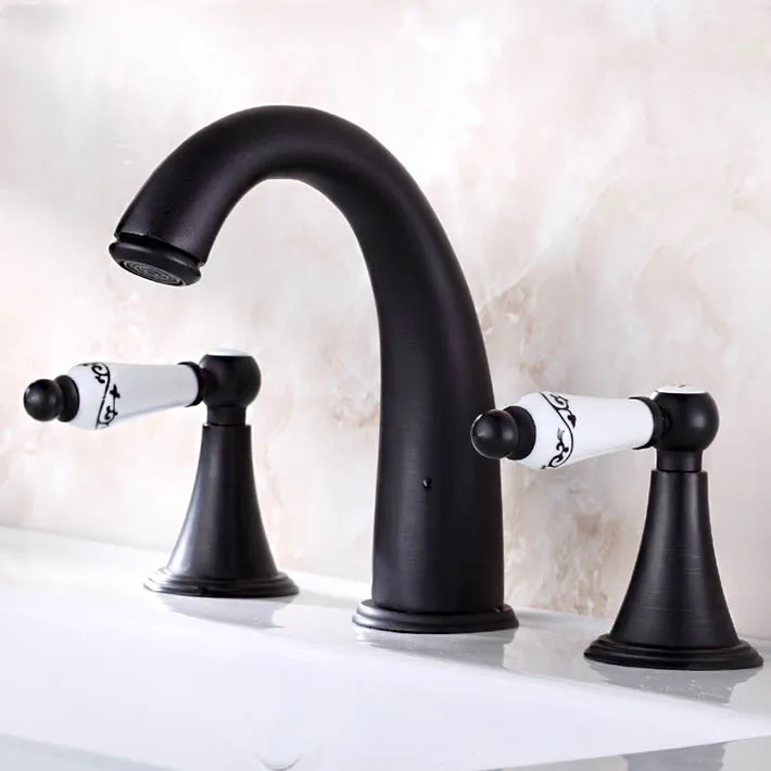 Deck-mounted Widespread Black Antique Brass 3 Pcs Bathroom Faucet Lavatory Basin Sink Mixer Tap