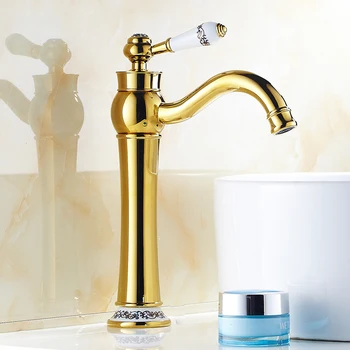 

Free Shipping Gold Basin Faucet Bathroom Brass Hot and Cold Water Mixer Tap with ceramic Handle