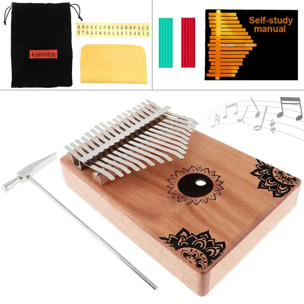 Piano com Flores Chave Kalimba Sólido Mogno Polegar Padrão Mbira Natural Mini Teclado Instrumento 17