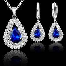 Gran oferta 925 conjuntos de joyas de plata de ley austriaco cristal gota de agua collar nupcial pendientes de aro mujeres regalos de fiesta(China)