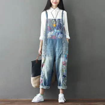 

Women Leisure Loose Plus Size Printed Denim Jumpsuits Overalls collapse Pants Ankle-length Strap Floral Print Denim Trousers