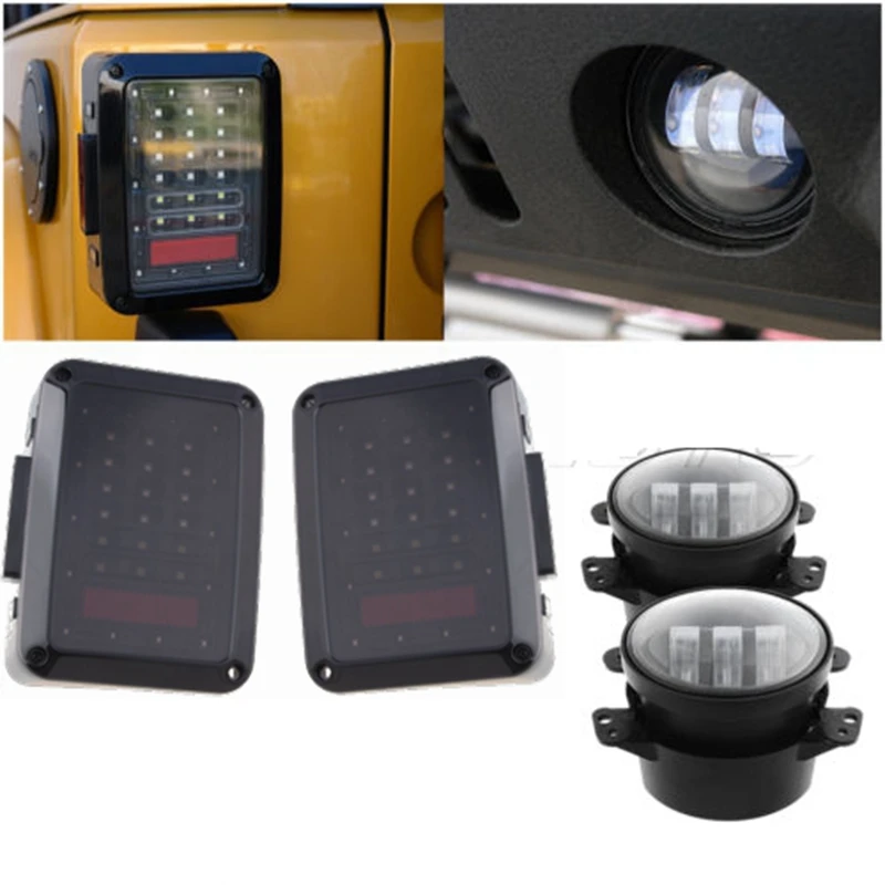 

For 07-15 Jeep Wrangler Smoken LED Tail Lights/ White 4 Inch Led Fog Light