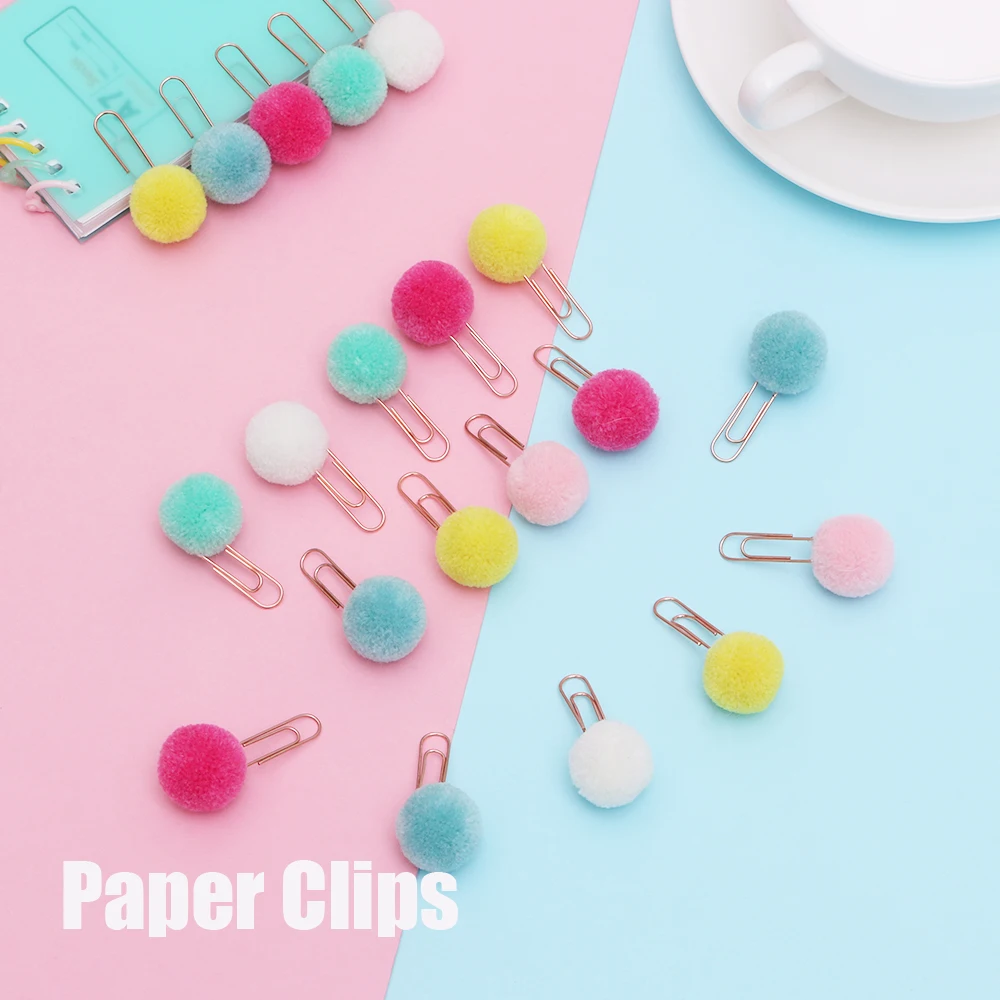 

10PCS Color Random Cute Hairball Rose Gold Paper Clip DIY Modelling Plush Ball Paper Clip Bookmark School Supplies Stationery