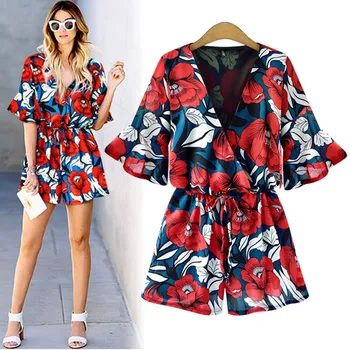 

2019 Fashion Spring Summer Plus Size Women Short Flower Print Playsuits Sexy Deep V Neck Sashes Boho Floral Print Playsuits