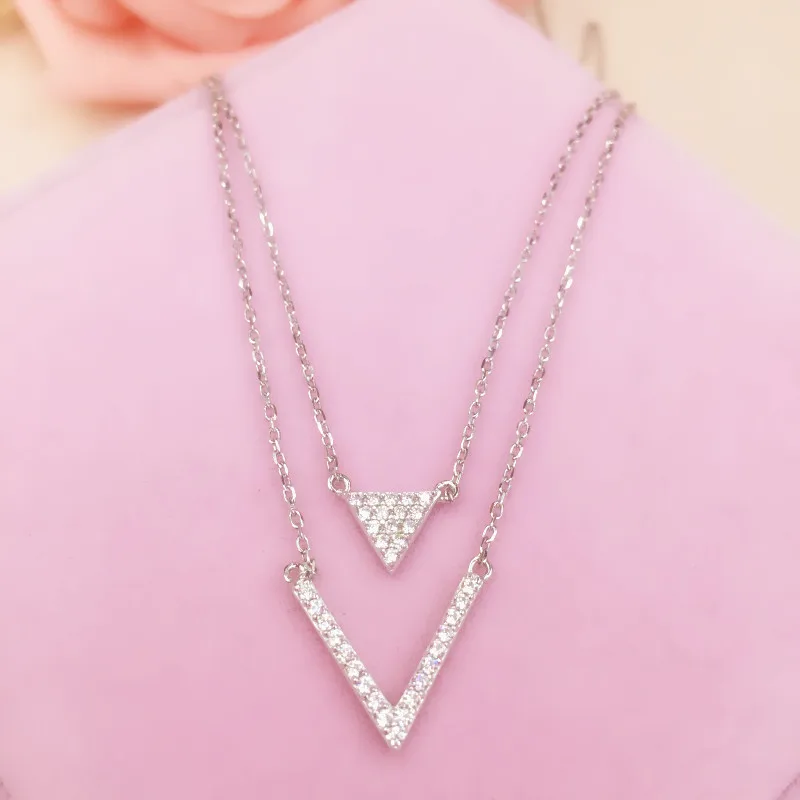 Luxury 925 Sterling Silver Necklaces Pendants Letter V Triangle Zircon Double Chain Necklace for