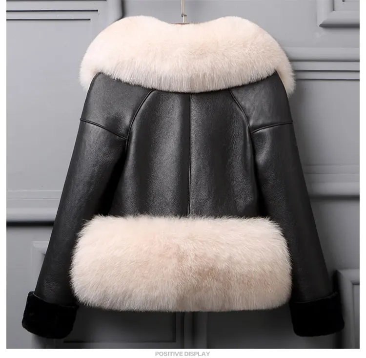 Роскошная женская кожаная куртка из натуральной овчины с большим воротником из лисьего меха, женская короткая шерстяная куртка черного цвета по индивидуальному заказу