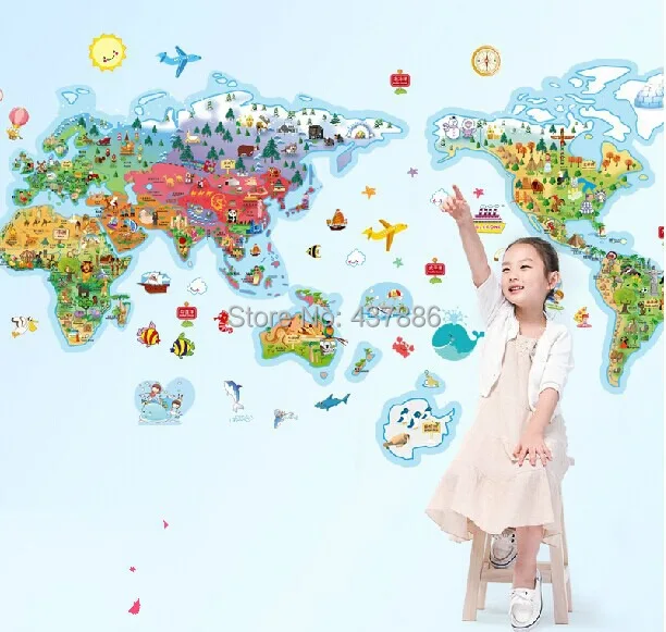 Рис мультфильм карта мира мира большие дети настоящее мультфильм украшение стены наклейки обои карта мира для детей стены номера