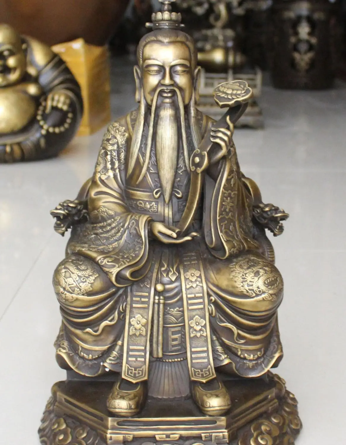 

19" Taoism Pure Bronze Senior Tai Shang Lao Jun Laojun RuYi On Chair Statue