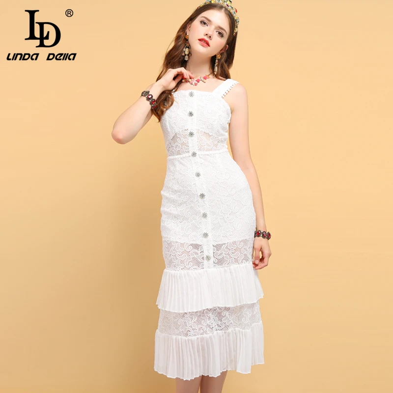 

LD LINDA DELLA New Summer Fashion Designer Dress Women's Sexy Spaghetti Strap Backless Pleated Hollow Out Elegant White Dresses