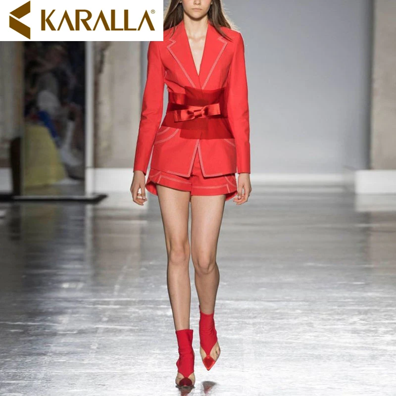 

Elegant Two Pieces Suit Sets Bright Line Contrast Color Suit Jacket Collocation Waist + Fashionable Shorts C428