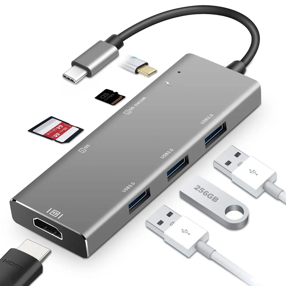 USB C концентратор, leadzoe 7 в 1 Тип C 3,1 зарядки Порты и разъёмы с 4 К HDMI Порты и разъёмы и 3 Порты и разъёмы USB 3,0 хаб и SD/TF/Micro SD Card Reader Splitter