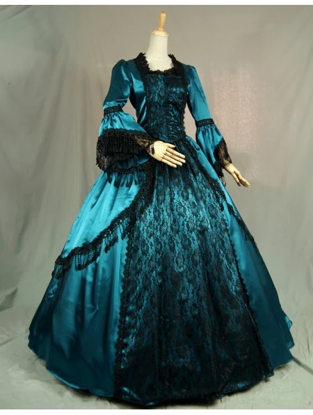 Синие Бальные платья в викторианском стиле с черным кружевом