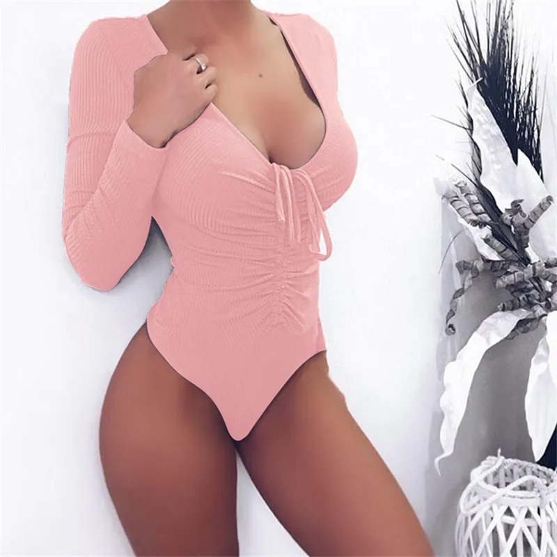 FHYSS1-Pink Летние Для женщин с длинным рукавом пикантные однотонные боди глубокий v-образным вырезом Culb боди повседневная женская обувь Slim Fit тела - Цвет: FHYSS1-Pink
