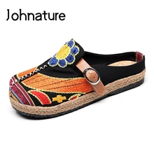 Johnature 2020 yeni el yapımı ilkbahar/sonbahar yuvarlak ayak çiçek tuval rahat nakış İşlemeli keten pamuklu ayakkabılar kadınlar düz platformu