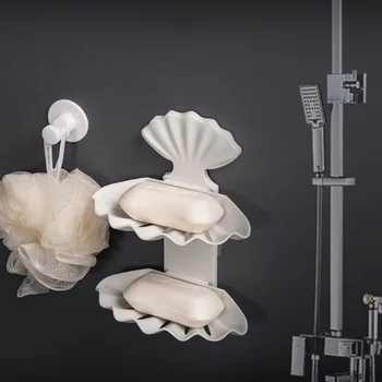 

Shell Double Drain Bathroom Home Soap Box Shower Holder Container Plastic Soap Box Dispenser Soap Rack Non-Trace Adhesive