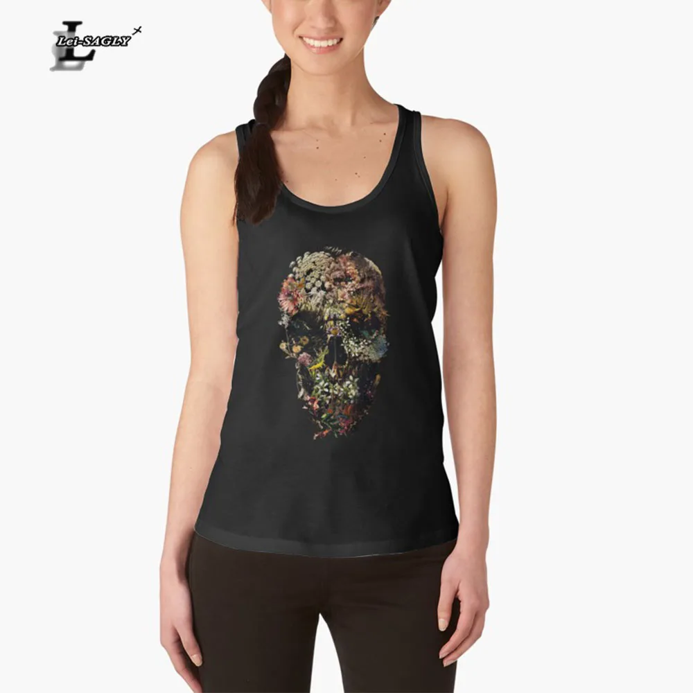 

Lei-SAGLY New Women Fitness Sleeveless Tank Top 3D Flower Skull Printed Vest Tops Female Gothic Style Sexy Slim Casual Vest