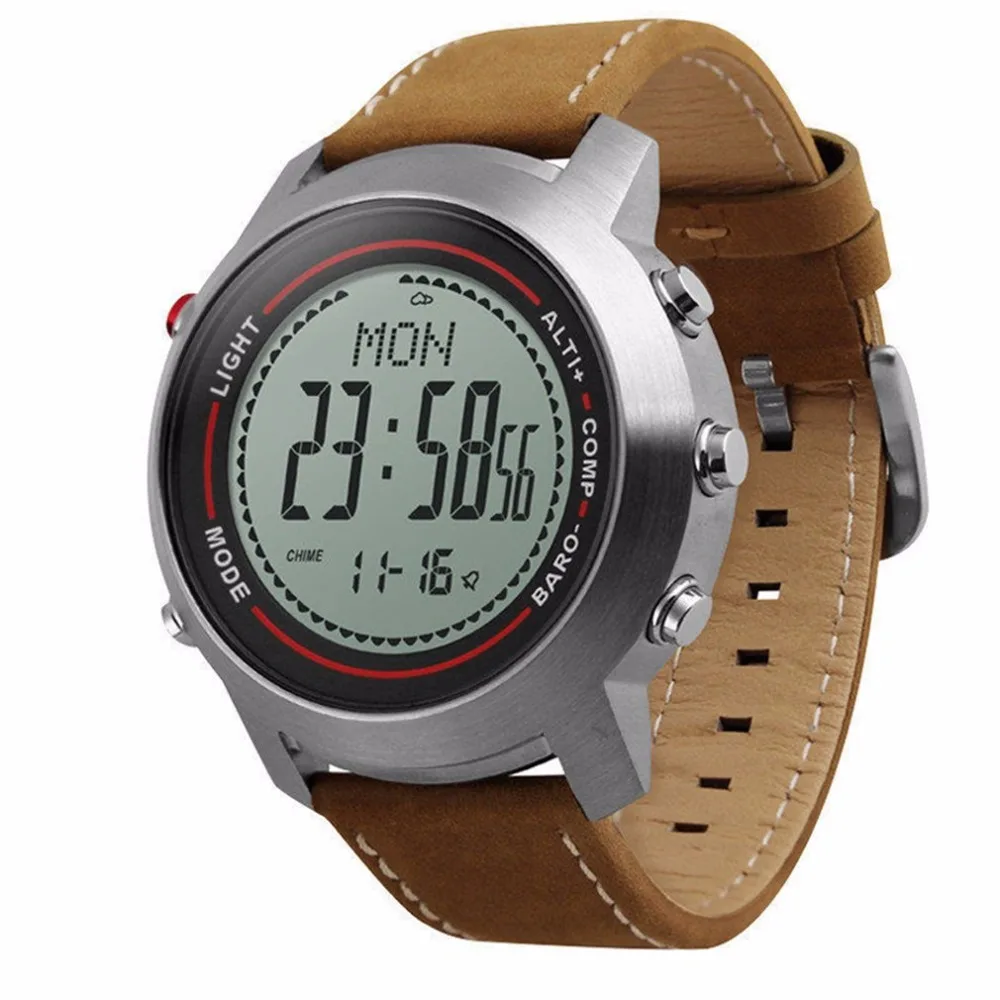 

MG03 Fashion Leather Band Multi-Function 5ATM Stainless Steel Dial Mountaineer Sports Watch Altimeter Barometer Thermometer 2018