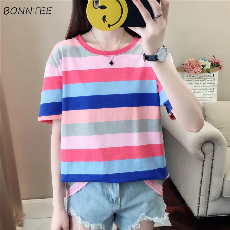 

T-shirts Women Korean Style Short Sleeve Striped Loose All-match Womens Clothing Leisure Fashion Daily Simple Student Summer New