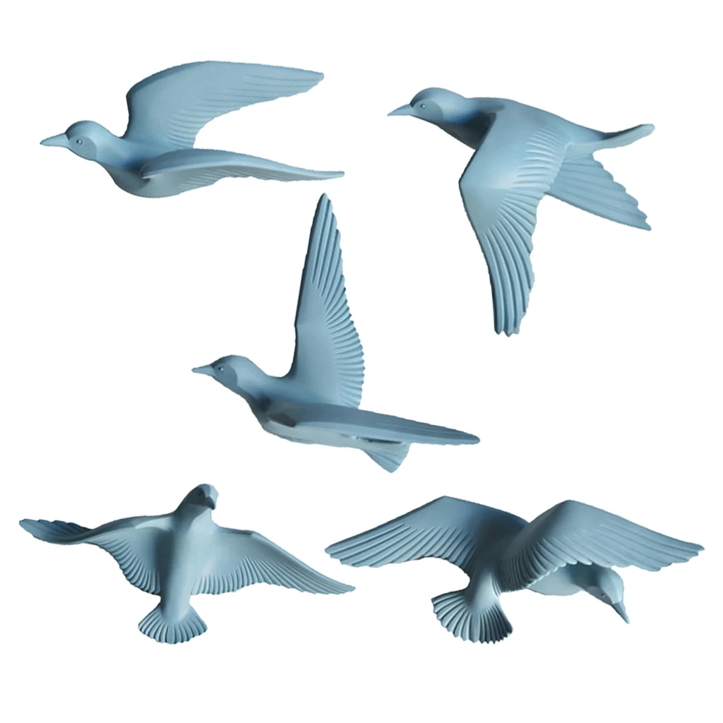 5pcs Nautical Resin 3D Birds Wall Art Murals Flying Seagull Sculpture Bedroom Wall Stickers DIY Home Hotel Decor Blue