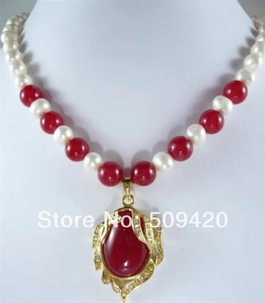 

~~ Free ShippingElegant 7-8mm White Akoya Cultured Pearl red jade Necklace