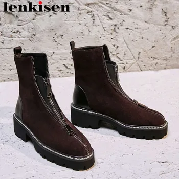 

Lenkisen vintage design gorgeous genuine leather square toe british school zip sewing med heels concise style mid-calf boots L16