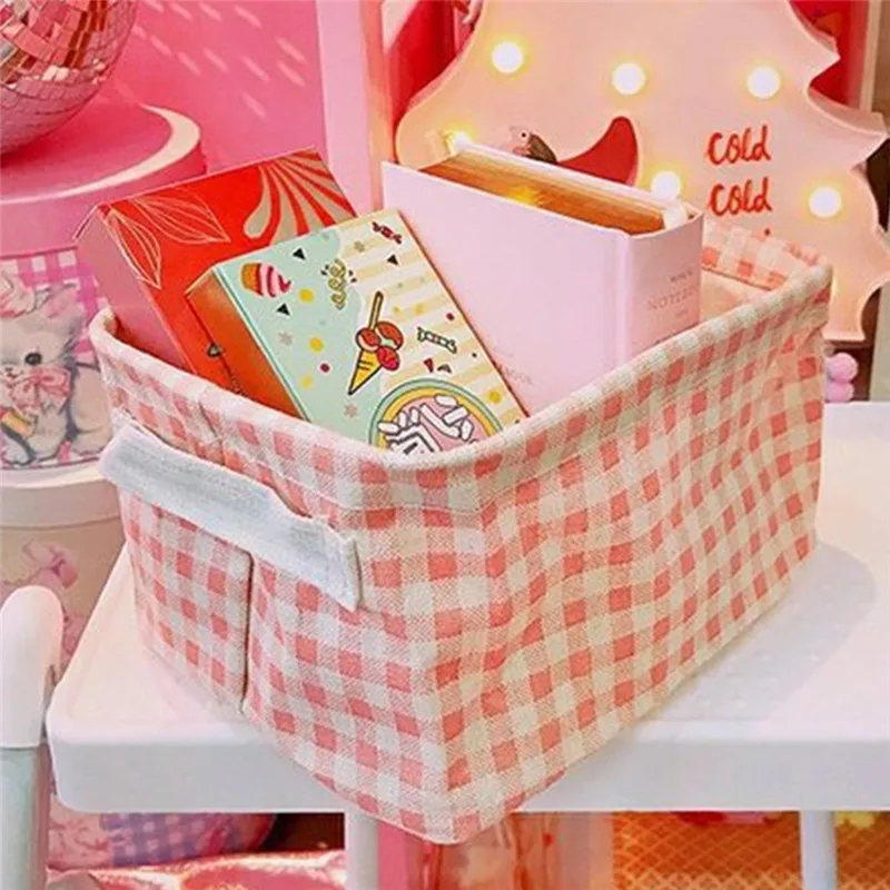 

Imixlot Desktop Storage Basket for Sundries Cute Pink Lattice Linen Storage Box Toy Cosmetic Stationery Underwear Organizer Case