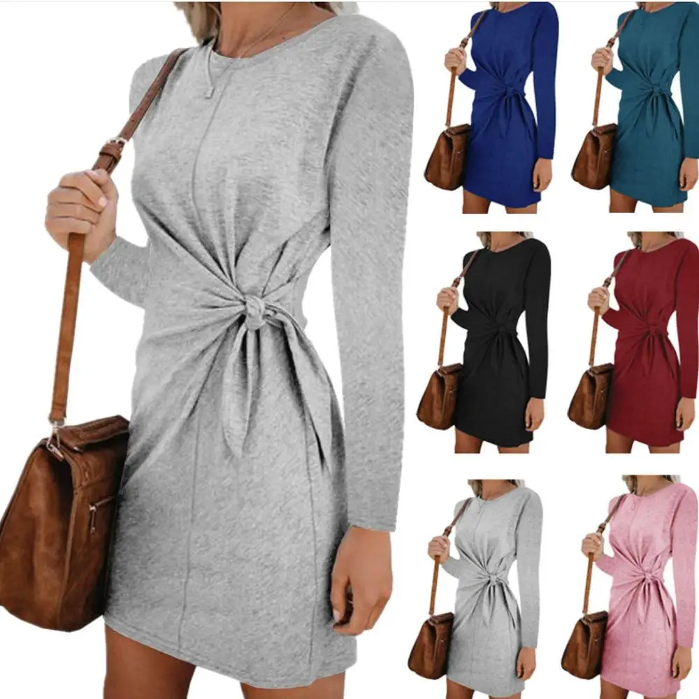 

2019 Women's European And American New Round Neck Band Width Loose Long Sleeve autumn and winter dress