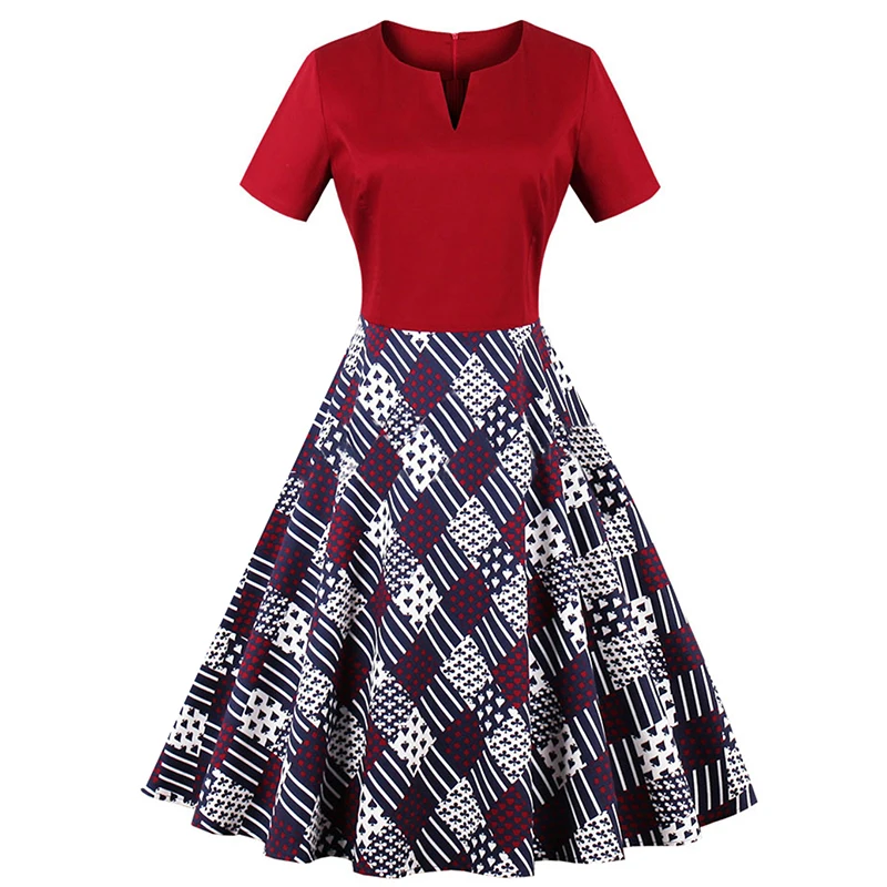 

New Women's Official V Neck Short Sleeve A Line Printed Back Zipper Dress