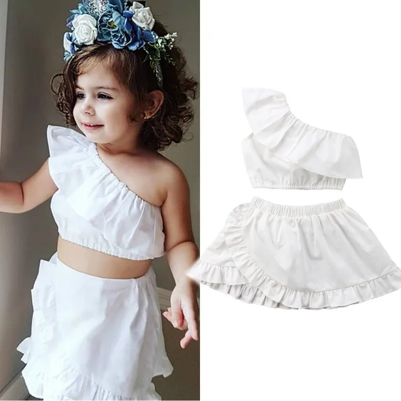 

2019 Baby Girl Clothes Summer Sleeveless Off Shoulder Crop Tops Skirt Newborn Kids Baby Girls Clothing Set White 2PCs Dress new