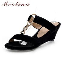 Women Sandals Summer Open Toe Slides Flock Party Medium Heel Wedges Female Chains Comfortable Black Shoes