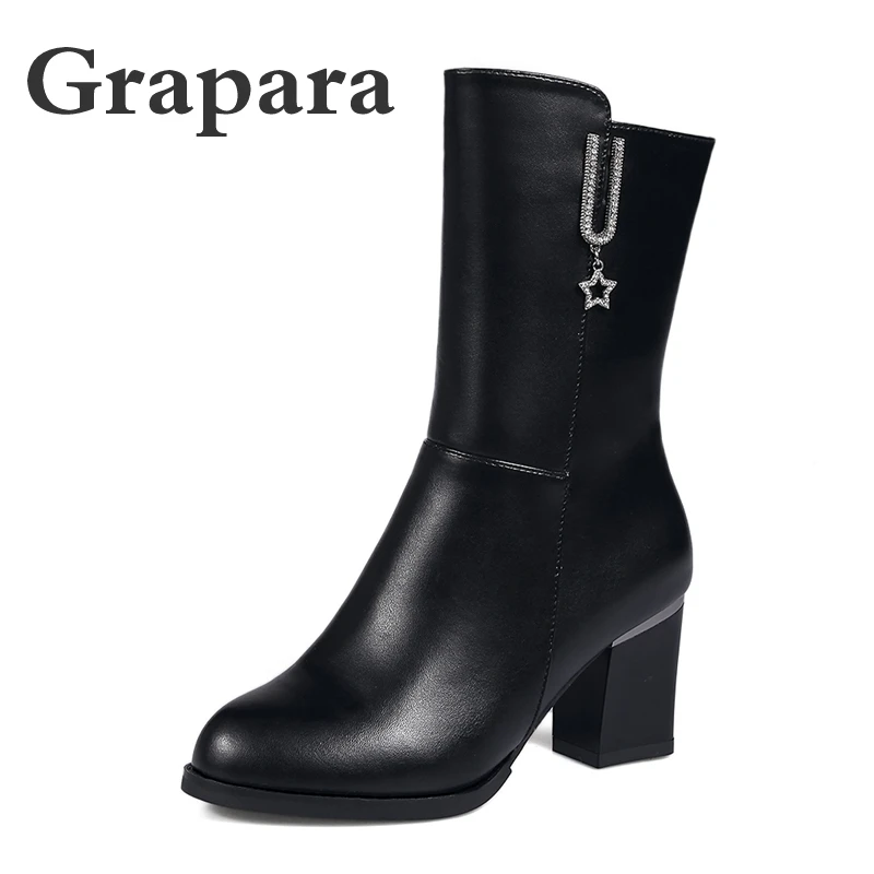 

Autumn Brand Mid Calf Boots for Women Platform Sexy Crystal Zip Half Boots Female Leather High Heels Shoes Woman Boots Grapara
