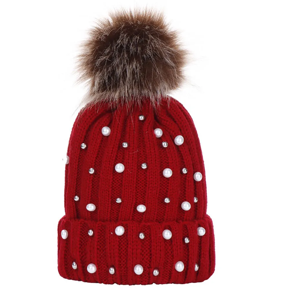 Зимняя вязаная шапка с бусинами для маленьких мальчиков и девочек, теплая шерстяная шапка, лыжная шапка с черепом, шапки для женщин - Цвет: Red