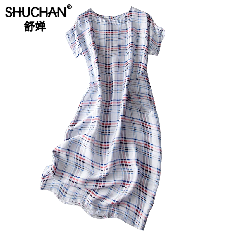 

Shuchan Plaid Straight Dress O-Neck Casual Dress for Work Summer Dresses for Obese Women Retro Tank Dresses A0607