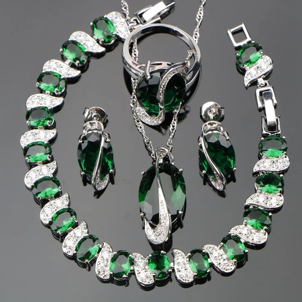 

Natural Green Stones Jewelry Sets For Women Silver 925 White CZ Ring Size 6/7/8/9/10 Bracelet Length 20CM Free Box