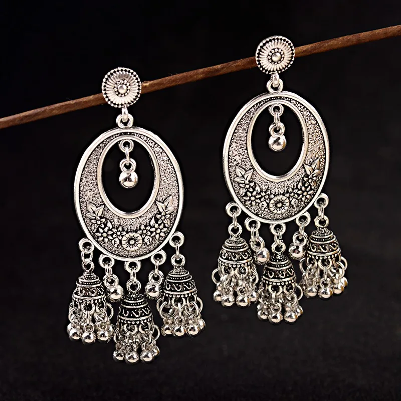 

TopHanqi 2019 Women's Boho Ethnic Small Bell Tassel Drop Earring Round Metal Flower Carved Dangle Earring Indian Gypsy Jewelry