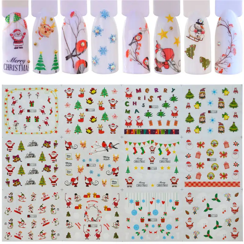 

YWK 12 Designs/Sets Christmas Tree/Bell Nail Sticker Decals Beauty DIY Full Wraps Foils Watermark Nail Art Tattoos