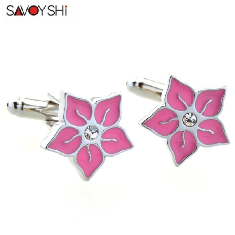 

SAVOYSHI Pink Flower Cufflinks For Mens High Quality Shirt Buttons Novelty Cuff links Wedding Groom Gift Fashion Jewelry Gemelos